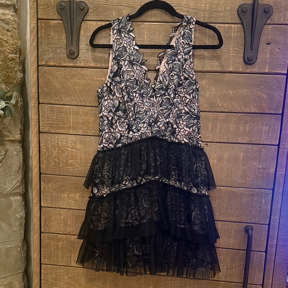 BCBGMaxAzria Black and Blush Lace Tiered Girls' Party Dress